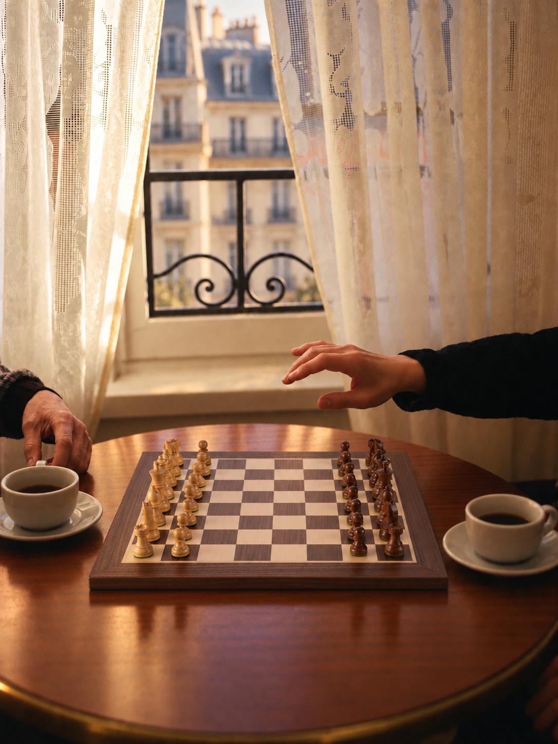 Deux mains, l'une âgée, l'autre d'un philos, au-dessus d'un échiquier devant une fenêtre parisienne
