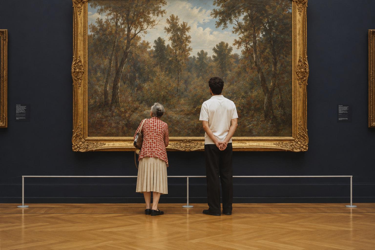 Une dame âgée et un philos, de dos, contemplent un grand tableau au cadre doré dans une galerie de musée